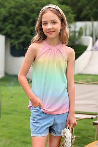 Image of BesserBay Girls Summer Back Button Halter Neck Tank Top Cold Shoulder Casual Blouse Pleated Sleeveless Shirts 5-14 Years
