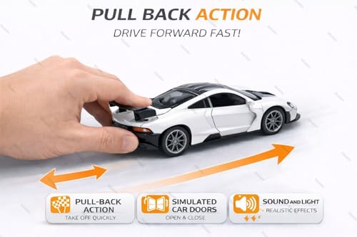 Image of Mini McLaren Senna Toy Car Model 1:36 Scale Die-cast Metal Pull Back Vehicle with Openable Doors, Lights & Music, Sports Model for Kids, Boys & Collectors (White)