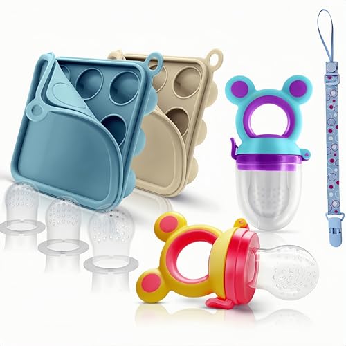 Image of Silicone Baby Fruit Food Feeder, Freezer Tray 2 Pack, Baby Teethers, Breastmilk Popsicle Molds for Baby Cooling Relief, Fresh Food Feeder for Safe Infant Self Feeding, Double as Baby Teething Toys