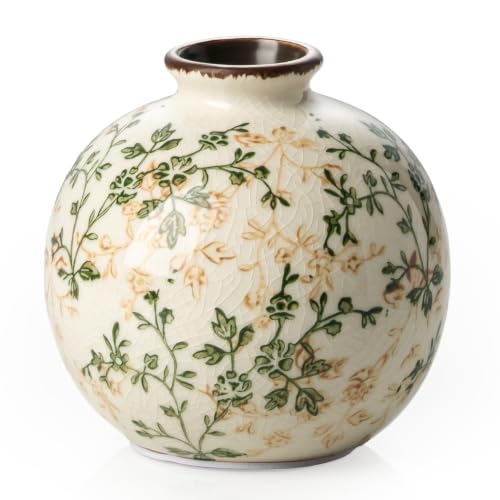 Image of Ceramic Flower Vase | Farmhouse Green Rustic Vase for Home Decor, Vintage Floral Pottery Tuscan Round Vase for Living Room & Kitchen, Mantel & Bookshelf, Centerpieces, Entryway, Wedding(5.9 Inch)