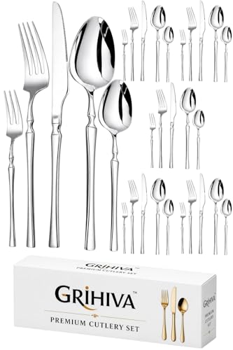 Image of 30 Pcs Silver Cutlery Set for Dining Table the Perfect Lightweight Silim Handle Tableware Including Dinner Spoon, Dinner Fork, Dinner Knife, Dessert Spoon & Dessert Fork