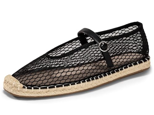 Coutgo Womens Espadrilles Mary Jane Flats Closed Sqaure Toe Mesh Ballet Flats Comfortable Dress Shoes