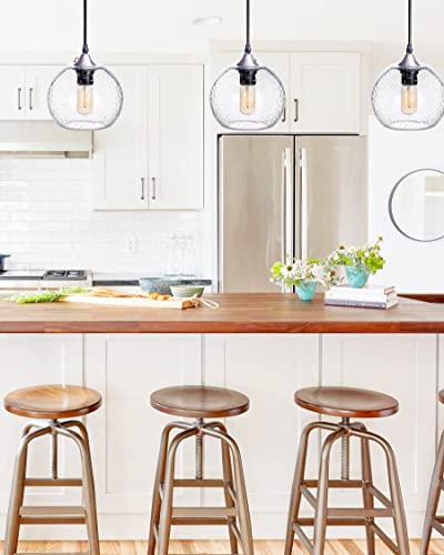 ARIAMOTION Pendant Lights Kitchen Island 3 Pack Hand Blown Glass Modern Farmhouse Lighting Clear Seeded Bubbles Dining Room Table Coffee Bar Counter Brushed Nickel Globe Shape 7.5 Inch Diam - Image 2