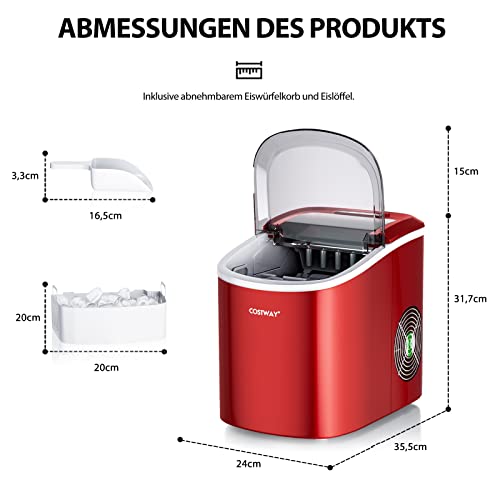 COSTWAY 2,2 L Eiswürfelmaschine 12kg/24H, Ice Maker 9 Eiswürfel in 6-13min, Elektrischer Eiswürfelbereiter mit Korb Schaufel 2 Eisgrößen (Rot) – Bild 8