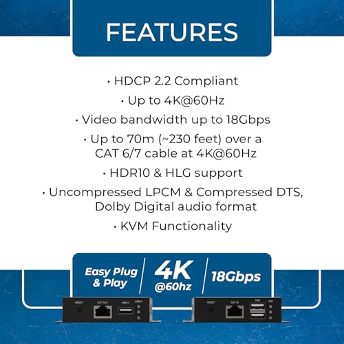 Image of OREI 4K HDMI Extender Over Ethernet with KVM 230ft 18Gbps, HDR10, HLG, LPCM