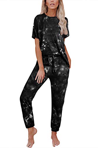 Women's Tie Dye PJ Set Short Sleeve Long Pants Jogger 2 Piece Nightwear Loungewear Black L