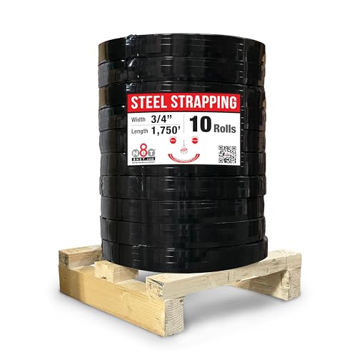 8NET Steel Strapping Band, 2,050' Length x 3/4'' Width x 0.020'' Thickness (1,750 lbs Break Strength), Cut Resistant Pallet Banding, Heavy Duty Metal Strap (10 Rolls)
