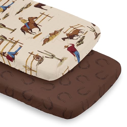 Image of Sweet Jojo Designs 2-Piece Baby Bassinet Sheets Set (Tan Brown Western Cowboy) for Boys, Infant Newborn Nursery, Oval, Rectangle & Hourglass Mattress (Horseshoe Print & Wild West Southern Charm Horse)