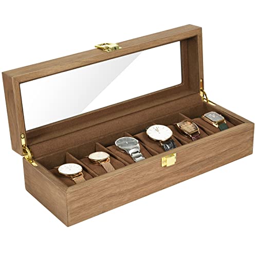 NUZEKY Uhrenbox für Herren mit Platz 6 Fächern, 100% Echtholz Uhrenkasten mit Glasdeckel, Aufbewahrungsbox als Geschenk, mit Uhrenkissen, Weihnachten Cover