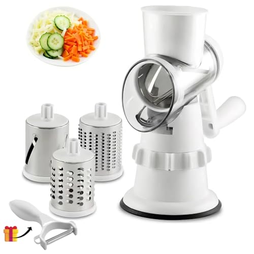 Flinbius Manual Vegetable Chopper & Cheese Grater, 3-in-1 Handheld Slicer Shredder with Stainless Steel Blades, Ergonomic Crank Handle for Kitchen, Safe & Easy to Use for Onion/Potato/Salad Prep