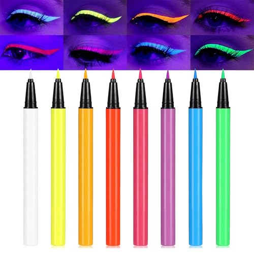 UV Eyeliner Set, 8 Farben Flüssiger Eyeliner Wasserfest, Bunt Glühender Kajalstift, Wischfest & Langanhaltend Kajal Stift, Halloween Festival Augen Make Up Set, Hohe Farbwiedergabe, Einfache Anwendung