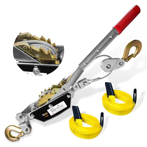 Come Along Winch 2T Pulling Capacity 12 FT Steel Cable 2 Hooks with Two 1x8FT Lifting Straps Heavy Duty Come Along Tool with Dual Gears Heavy Duty Hoist Cable Puller for Vehicle Rescue