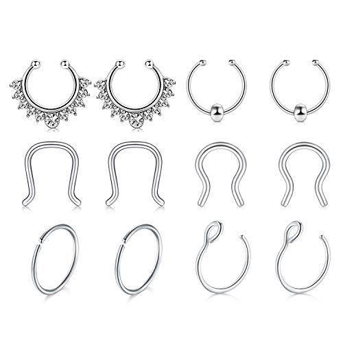 QWALIT Face Nose Rings Hoop Fake Septum Jewelry Clip On Surgical Steel Non Pierced CZ Helix Cartilage Daith Tragus Earrings Piercing Pack for Women Men Silver