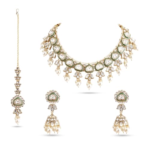 Image of Rubans Gold Plated Kundan Green Enamel Pearl Beaded Necklace Set with Earrings & Maangtikka Bridal Wedding Jewellery for Women & Girls