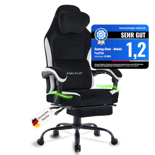 PixelPilot®Ergonomischer Gaming Stuhl [Atmungsaktiver Stoff] Chair mit Fußstütze, Kopf- und Lendenwirbelstütze, Gamer PC Stuhl [breite Sitzfläche] Bürostuhl 150 kg Belastbarkeit (Nebula, Schwarz)