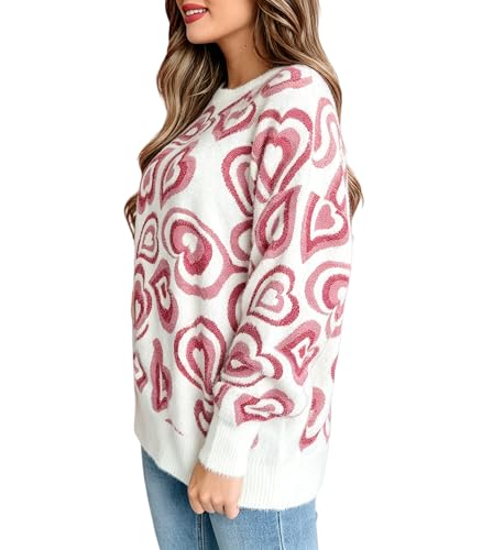 Image of Women's Cute Heart Sweater Love Print Valentine Romantic Knitted Top Casual Crewneck Long Sleeve Sweaters Pullover
