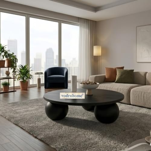 Image of Solid Mango Wood Modern - Round Coffee Table with Ball Shape Base - Bohemian Solid Wood Coffee Table for Office and Living Room C#058 (Black)