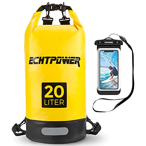 ECHTPower Dry Bag und wasserdichte Handyhülle Tasche Set, 20L Wasserdichter Beutel Rucksack mit Doppelter Schultergurte, Waterproof Packsack Bag für Wassersport, Schwimmen, Boote, Kajak, Kanus - Gelb