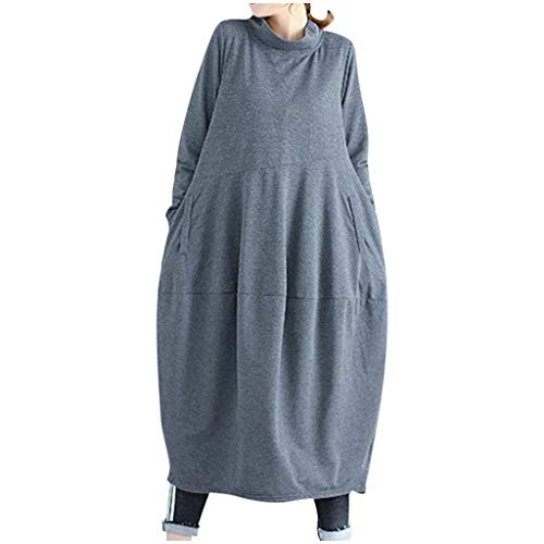 Women Linen Dress,Kingwo Solid Color Oversized Long Sleeve Dress Ldy Girls Turtleneck Solid Pleated Loose Long Maxi Dress UK Size 16~22 Gray