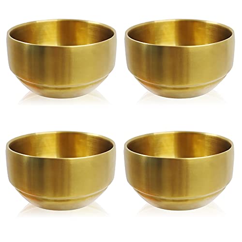 4Pack Thick 304 Stainless Steel Bowls, Small Double Wall Rice Bowls, Stainless Steel Soup Bowl Salad Bowl Noodle Bowl, Metal Bowls for Fruit Cereal Snack Appetizer (Gold, 4.1in)