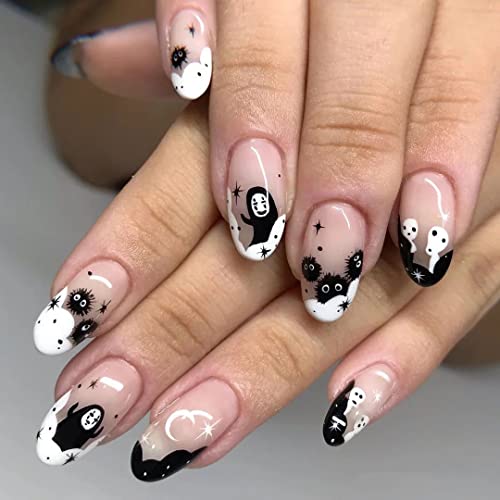 Wedity 24 PCS Halloween Pumpkin Ghost Print Cute False Nails Press on Nails Artificial Nails for Women and Girls (D)
