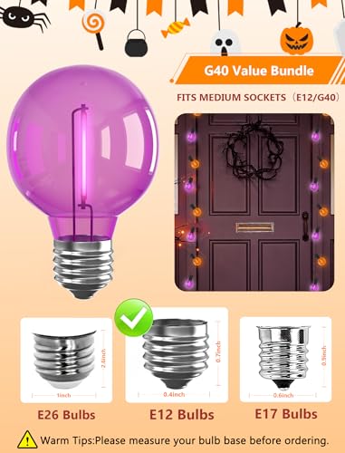 Image of GOOTHY 25 Pack G40 LED Replacement Light Bulbs, Shatterproof Halloween G40 LED Orange Purple Globe Lights Bulbs for Outdoor String Lights Patio Party Decor, E12 /C7 Candelabra Base, 2700K Warm White