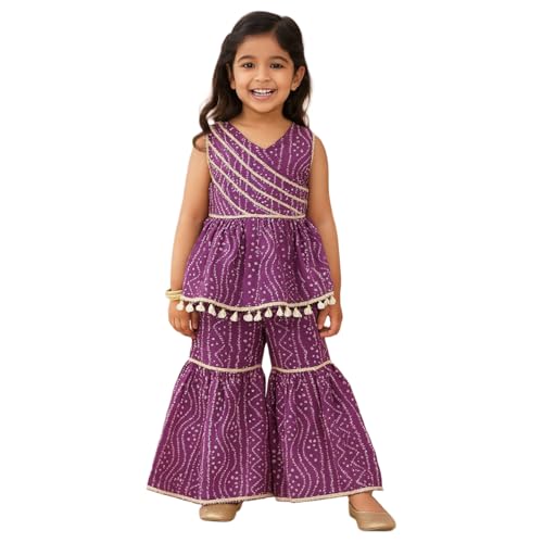 Image of Nautinati Girls Nauti Nati Girls Printed V Neck Pure Cotton Kurti With Sharara Dupatta
