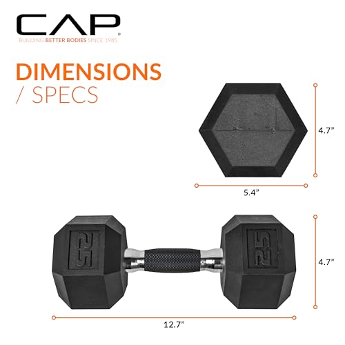 Image of CAP Rubber Coated Dumbbell Weights, Free Weights for Home Gym Strength Training, Anti-Roll Hex Dumbbells with Black, Chrome & Comfort Grip Handles, Singles