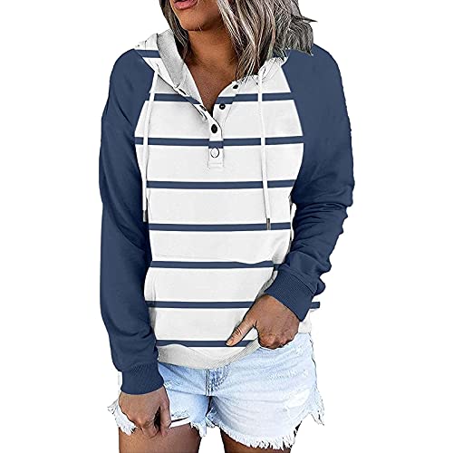 Women's Fashion Stitching Striped Long-sleeved Pocket Pullover Sweater Hoodes Lady Buttons Color Hooded Sweatshirts Tops Blue