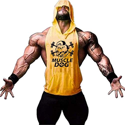 Hotcat Mann, Junge, Unterhemd mit Kapuze, Bodybuilding, Fitnessstudio, Muskeln, Training, Tank Top, ärmellos., Gelb XL Cover
