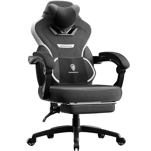 Dowinx Fabric High Tech Gaming Chair featuring ergonomic design, heated massage lumbar support, adjustable footrest, and breathable fabric for enhanced gaming comfort.