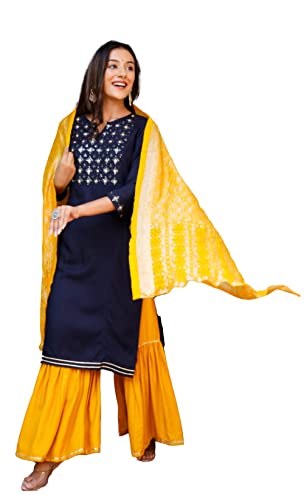 Traditional Jaipur Women's Rayon Beautiful Kurti with Beautiful Designed Plazzo alongwith Border Dupatta (Large) Cover