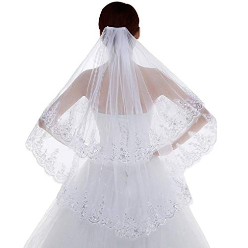 Yalice Women s Sequins Edge Bride Wedding Veil Fingertip Length Two-Tier 2T Lace Bridal Veil Hair Accessories Tulle Veil (White)