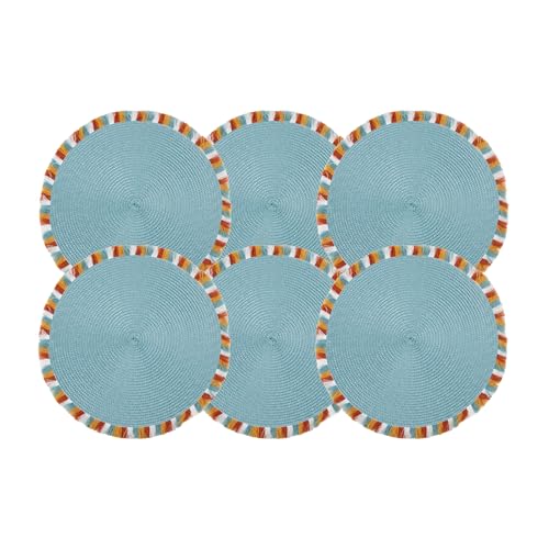 Sets de table ronds bleus frangés Cofan | Sous-plats 38 cm déco bohème
