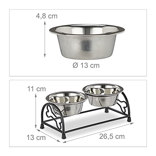 Relaxdays Hunde-Napfset mit Halterung, Napfständer Hunde & Welpen, 2 Edelstahlnäpfe je 300 ml, Futterbar, schwarz/Silber