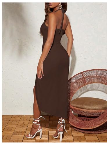 SOLY HUX Women's Cut Out Ruched Halter Dress High Split Drawstring Bodycon Maxi Vacation Dresses2