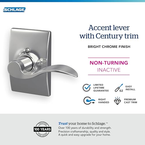 Image of Schlage Accent Lever with Century Trim Non-Turning Lock in Bright Chrome - Right Handed - F170 ACC 625 CEN RH