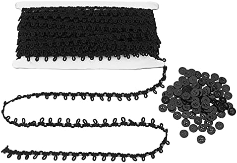 PH PandaHall 20 Yards Petite Braid Trim with Bridal Button Loops Black Buttonhole Tassel Fringe Lace Trim Dress Zipper Extender Upholstery Trim with 100pcs Buttons for Skirt Dress Clothes Decoration