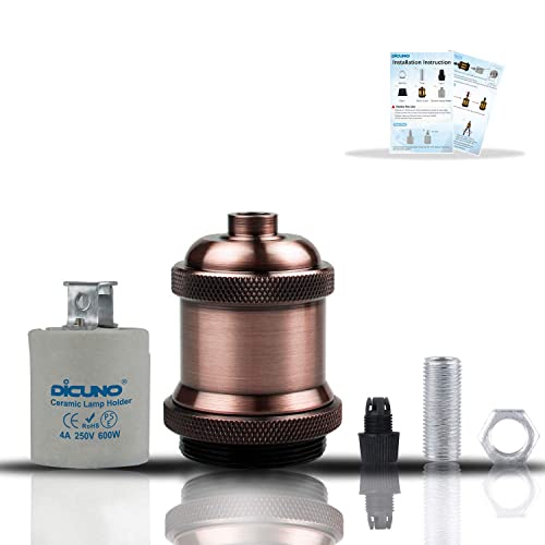 Dicuno E26 Edison Vintage Lamp Socket, Retro Pendant Lamp Holder, Light Sockets Replacement, Antique Look For Industrial, Decorative, Diy Lighting, 600℃ Heat Resistant, 6 Packs (Red Copper Color) #TOP4