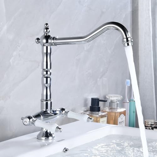 Aeroor洗面用 アンティーク調 銅 蛇口 洗面 手洗いボウル 360°回転注ぎ口 混合栓 洗面所 混合水栓 2ハンドル レトロ 洗面台 キッチン水栓 (B)