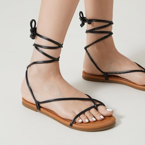 Image of SANDALUP Sandals Women Sandals For Women Lace Up Strappy Tie Up Gladiator Open Toe Flat Sandals Ankle Wrap Summer Comfortable Casual Dressy Beach Vacation Walking Cute Shoes