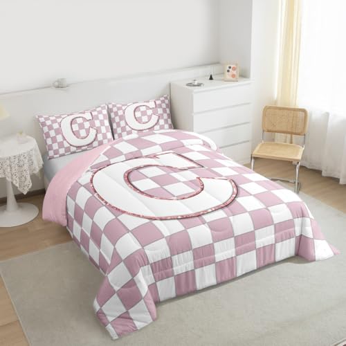 Image of Erosebridal Pink Initial C Bedding Set Full Kawaii Plaid Checkered Comforter Set for Kids Girls Teen Women Cute Personalized Monogram Down Comforter,Fashion Grids Gingham Quilt Duvet
