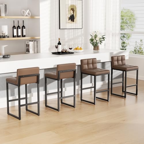 Image of 24 inch Bar Stools Set of 4, Modern Faux Leather Counter Height Bar Stools with Low Back and Footrest, Sturdy Thickened Metal Leg, Upholstered Kitchen Bar Chairs for Island, Coffee
