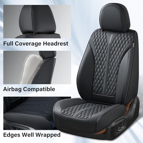 Image of Coverado Front Seat Covers, Waterproof Seat Covers, 2 Pack Nappa Leather Car Seat Covers, Black Seat Covers for Cars, Automotive Seat Covers Universal Car Seat Protector Fit for Most Cars Trucks
