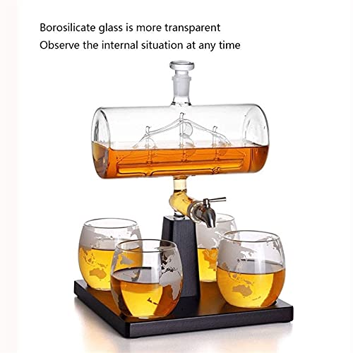 Decanter Plant zeilboot Decanter whisky fles met 4 geëtste globe whisky bril, en massief houten frame, voor scotch… - Image 4
