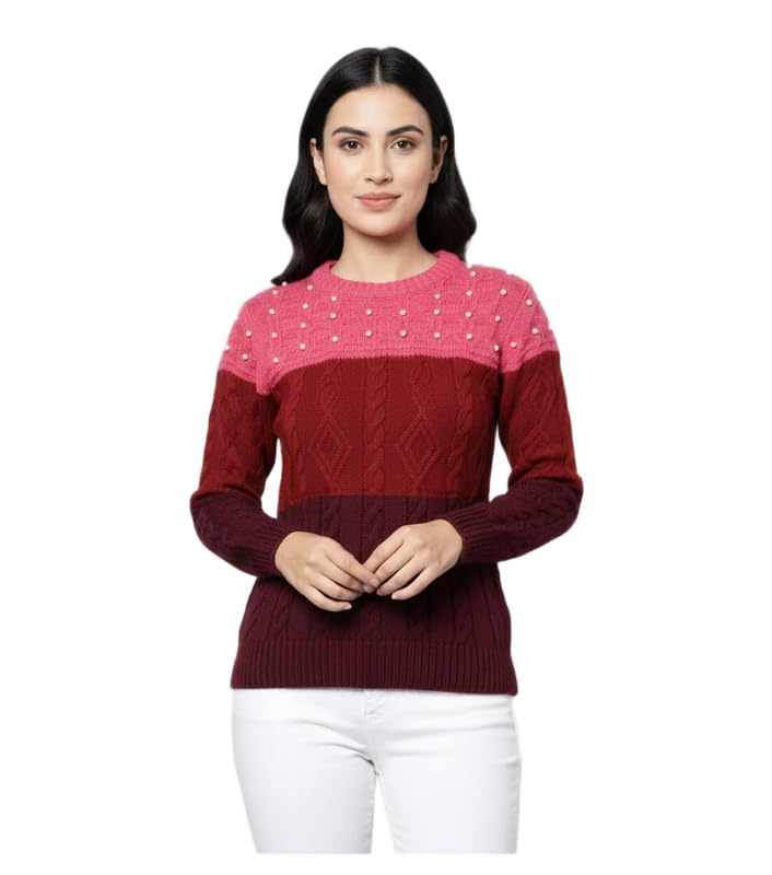 SUHANI Knit Sweater: Color Blocked Pullover with Pearl Detail, Long Sleeves, Crew Neck - Pink, Red, Burgundy, Cable Knit Woolen Top-image-30