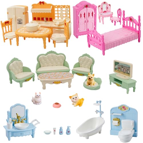 36Pcs Dollhouse Furniture Set,Miniature 1:12 Scale Dolls House Accessories with Cat,Dog,Kitchen, Dining Room, Living Room,Bedroom for Playhouse...