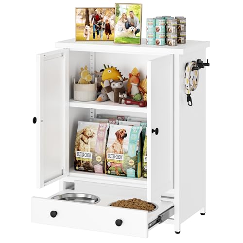 Dog Feeding Station with Storage, Metal Dog Food Storage Cabinet with 2 Elevated Bowls and 3 Hooks, Pet Feeding Station and Dogs Food Storage Organizer, White