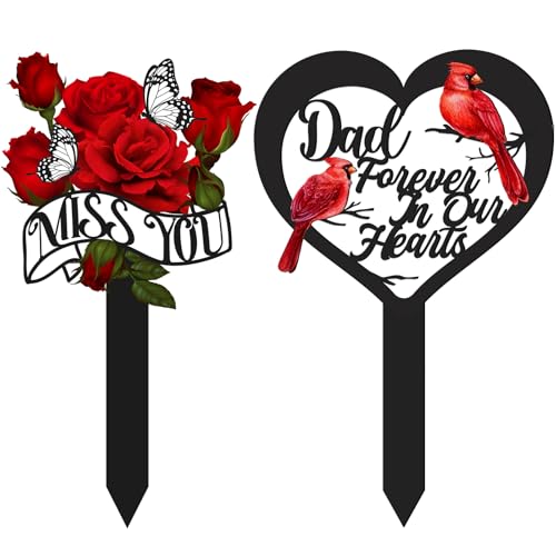 FoldTier 2 Pcs Fathers Day Cemetery Decorations for Grave Miss You Rose Design Dad Garden Memorial Markers Heart Cardinals Garden Stake Memorial Metal Tomb Plaques Decorations for Outdoors Yard
