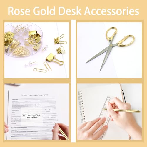 Image of Gold Office Supplies,UPIHO Gold Desk Accessories,Stapler and Tape Dispenser Set with Large Stapler,Tape Dispenser, Staple Remover, Staples, Clips,Scissor,Pen and Sticky Notes,Gifts for Office Clerks